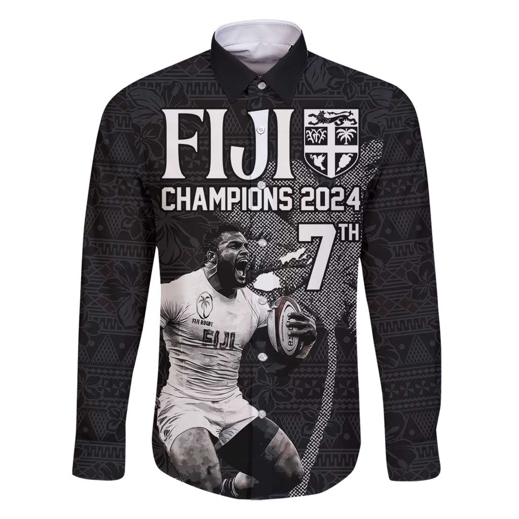 Custom Fiji Rugby Pacific Champions 2024 Family Matching Summer Maxi Dress and Hawaiian Shirt Anniversary 7 Titles - Fijians Rugby and Tapa Hibiscus Black Art LT03 Dad's Shirt - Long Sleeve Black - Polynesian Pride