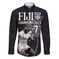 Custom Fiji Rugby Pacific Champions 2024 Family Matching Summer Maxi Dress and Hawaiian Shirt Anniversary 7 Titles - Fijians Rugby and Tapa Hibiscus Black Art LT03 Dad's Shirt - Long Sleeve Black - Polynesian Pride