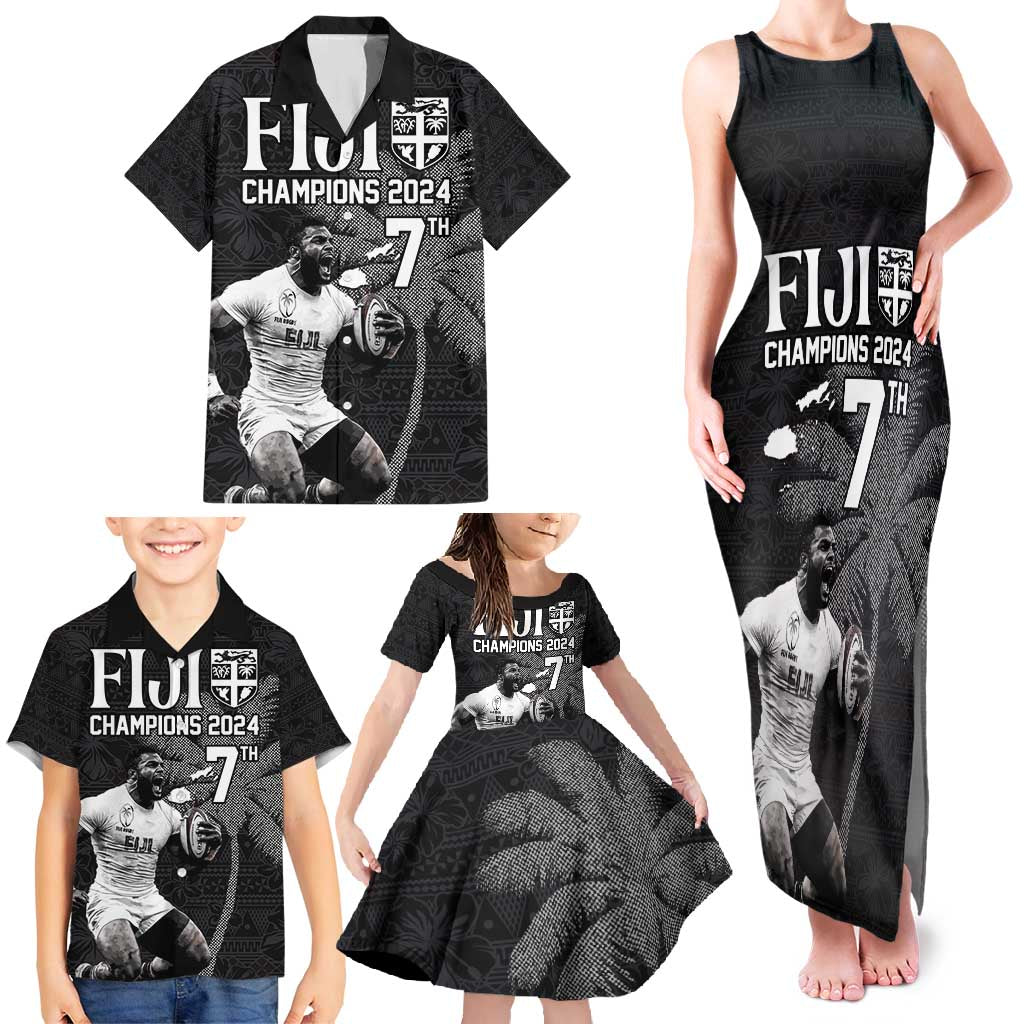 Custom Fiji Rugby Pacific Champions 2024 Family Matching Tank Maxi Dress and Hawaiian Shirt Anniversary 7 Titles - Fijians Rugby and Tapa Hibiscus Black Art LT03 - Polynesian Pride
