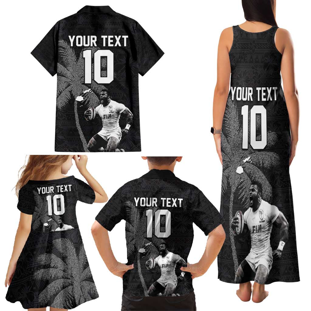 Custom Fiji Rugby Pacific Champions 2024 Family Matching Tank Maxi Dress and Hawaiian Shirt Anniversary 7 Titles - Fijians Rugby and Tapa Hibiscus Black Art LT03 - Polynesian Pride