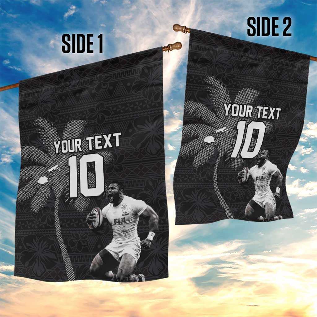 Custom Fiji Rugby Pacific Champions 2024 Garden Flag Anniversary 7 Titles - Fijians Rugby and Tapa Hibiscus Black Art LT03 - Polynesian Pride
