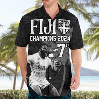 Custom Fiji Rugby Pacific Champions 2024 Hawaiian Shirt Anniversary 7 Titles - Fijians Rugby and Tapa Hibiscus Black Art LT03 - Polynesian Pride