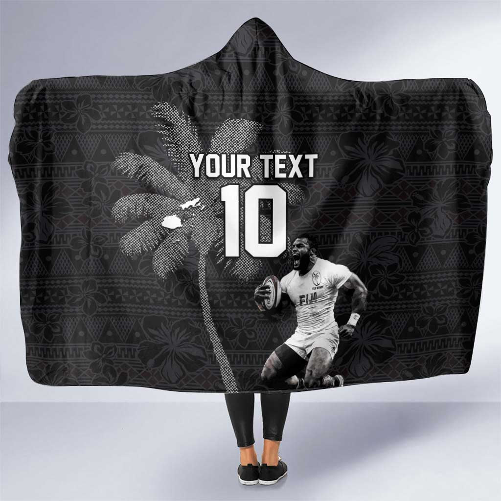 Custom Fiji Rugby Pacific Champions 2024 Hooded Blanket Anniversary 7 Titles - Fijians Rugby and Tapa Hibiscus Black Art LT03 One Size Black - Polynesian Pride