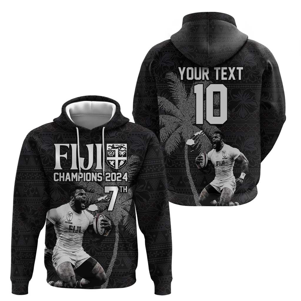 Custom Fiji Rugby Pacific Champions 2024 Hoodie Anniversary 7 Titles - Fijians Rugby and Tapa Hibiscus Black Art LT03 - Polynesian Pride