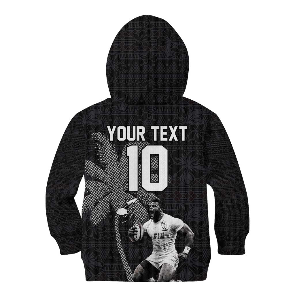 Custom Fiji Rugby Pacific Champions 2024 Kid Hoodie Anniversary 7 Titles - Fijians Rugby and Tapa Hibiscus Black Art LT03 - Polynesian Pride