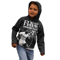 Custom Fiji Rugby Pacific Champions 2024 Kid Hoodie Anniversary 7 Titles - Fijians Rugby and Tapa Hibiscus Black Art LT03 - Polynesian Pride
