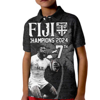 Custom Fiji Rugby Pacific Champions 2024 Kid Polo Shirt Anniversary 7 Titles - Fijians Rugby and Tapa Hibiscus Black Art LT03 Kid Black - Polynesian Pride