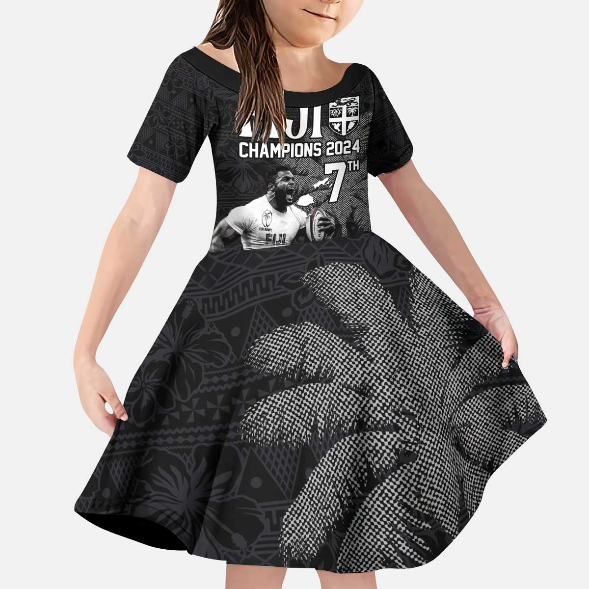 Custom Fiji Rugby Pacific Champions 2024 Kid Short Sleeve Dress Anniversary 7 Titles - Fijians Rugby and Tapa Hibiscus Black Art LT03 KID Black - Polynesian Pride