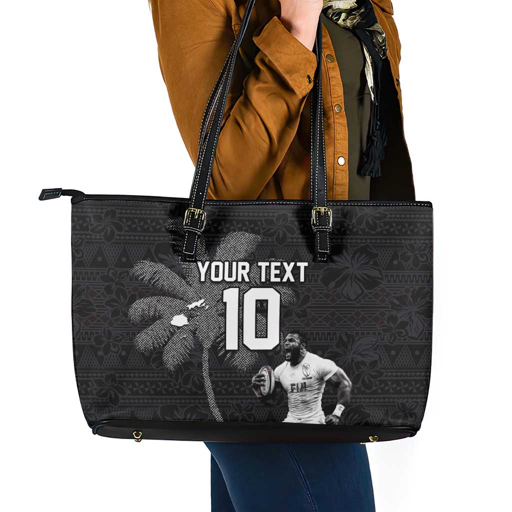 Custom Fiji Rugby Pacific Champions 2024 Leather Tote Bag Anniversary 7 Titles - Fijians Rugby and Tapa Hibiscus Black Art LT03 - Polynesian Pride