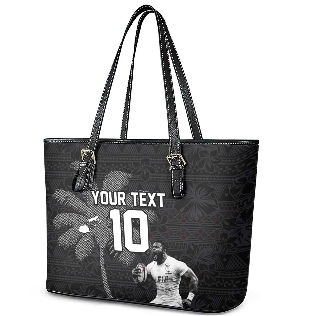Custom Fiji Rugby Pacific Champions 2024 Leather Tote Bag Anniversary 7 Titles - Fijians Rugby and Tapa Hibiscus Black Art LT03 - Polynesian Pride