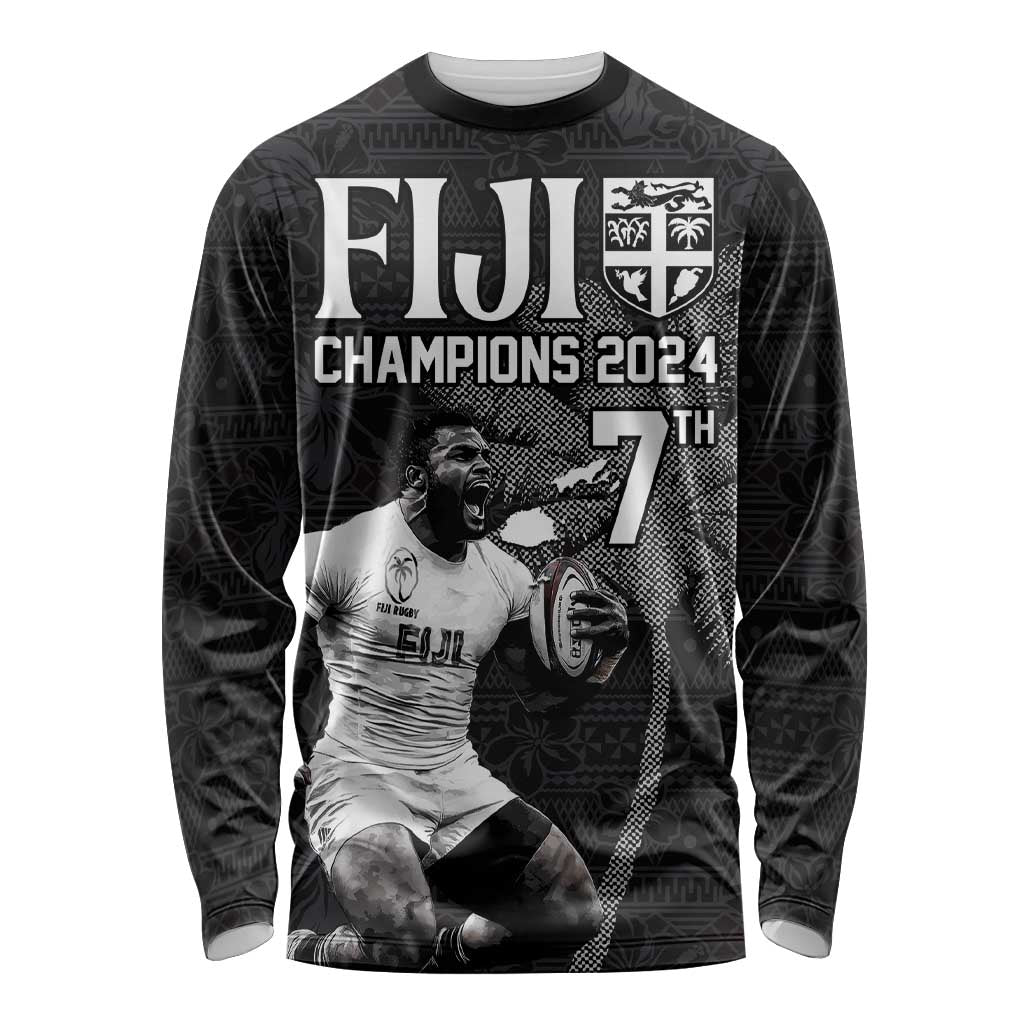 Custom Fiji Rugby Pacific Champions 2024 Long Sleeve Shirt Anniversary 7 Titles - Fijians Rugby and Tapa Hibiscus Black Art LT03 Unisex Black - Polynesian Pride