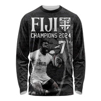 Custom Fiji Rugby Pacific Champions 2024 Long Sleeve Shirt Anniversary 7 Titles - Fijians Rugby and Tapa Hibiscus Black Art LT03 Unisex Black - Polynesian Pride