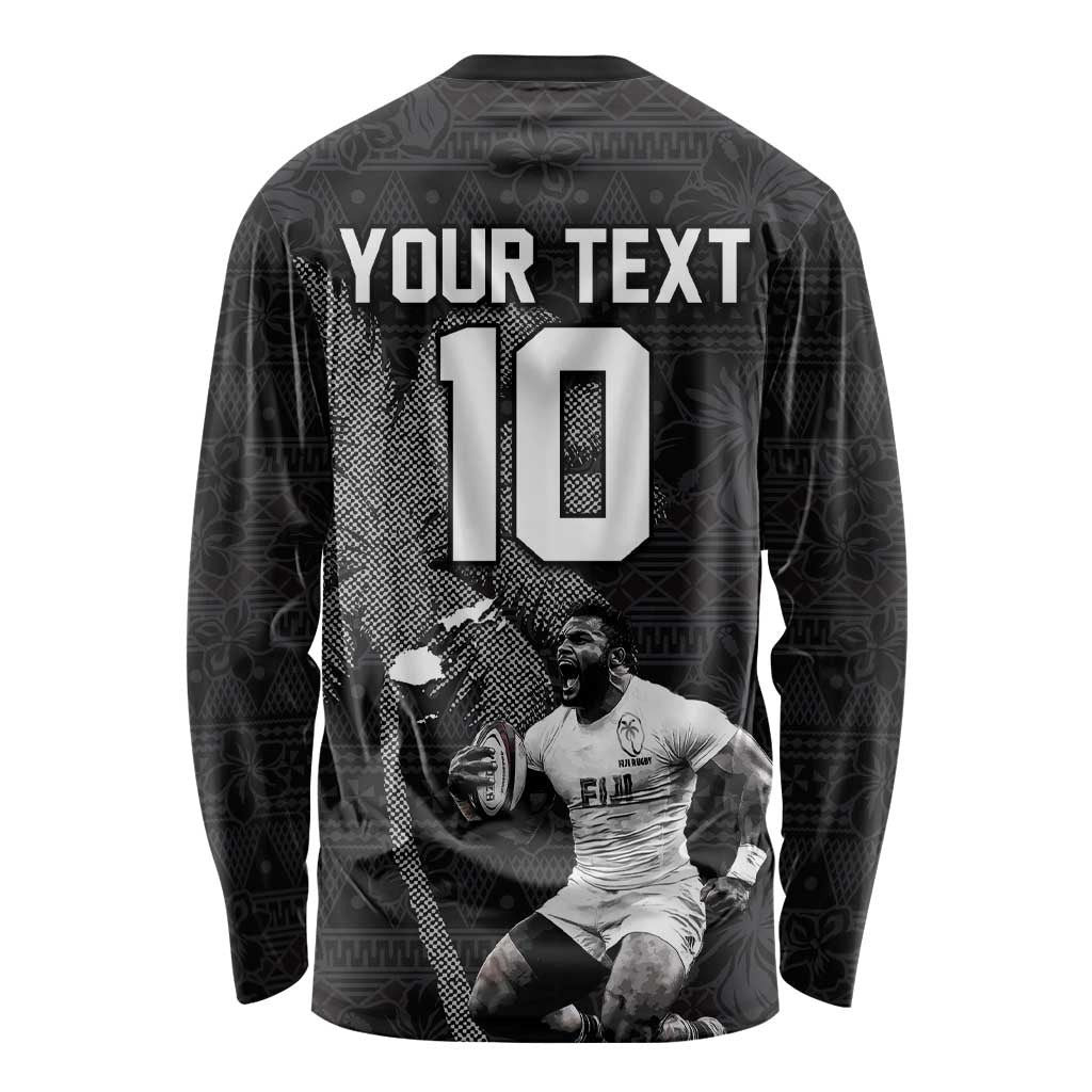 Custom Fiji Rugby Pacific Champions 2024 Long Sleeve Shirt Anniversary 7 Titles - Fijians Rugby and Tapa Hibiscus Black Art LT03 - Polynesian Pride