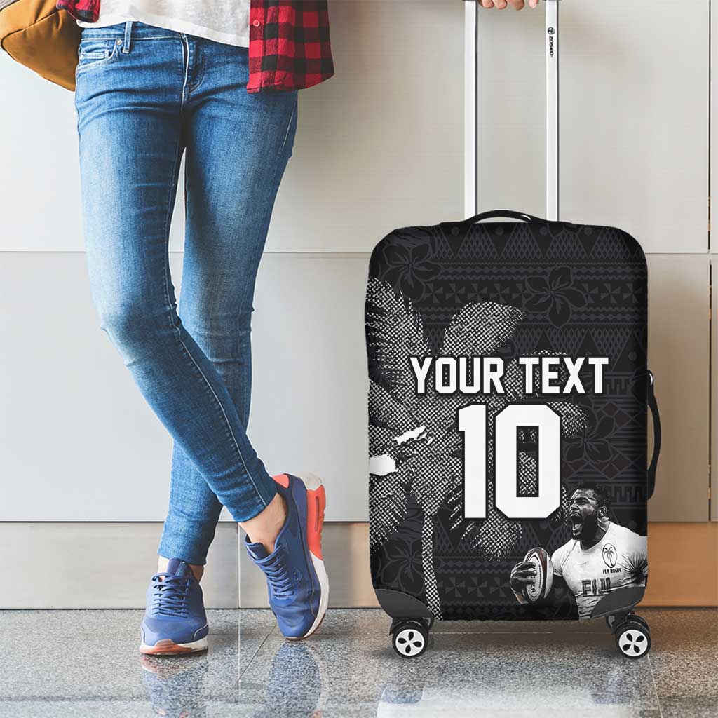 Custom Fiji Rugby Pacific Champions 2024 Luggage Cover Anniversary 7 Titles - Fijians Rugby and Tapa Hibiscus Black Art LT03 - Polynesian Pride