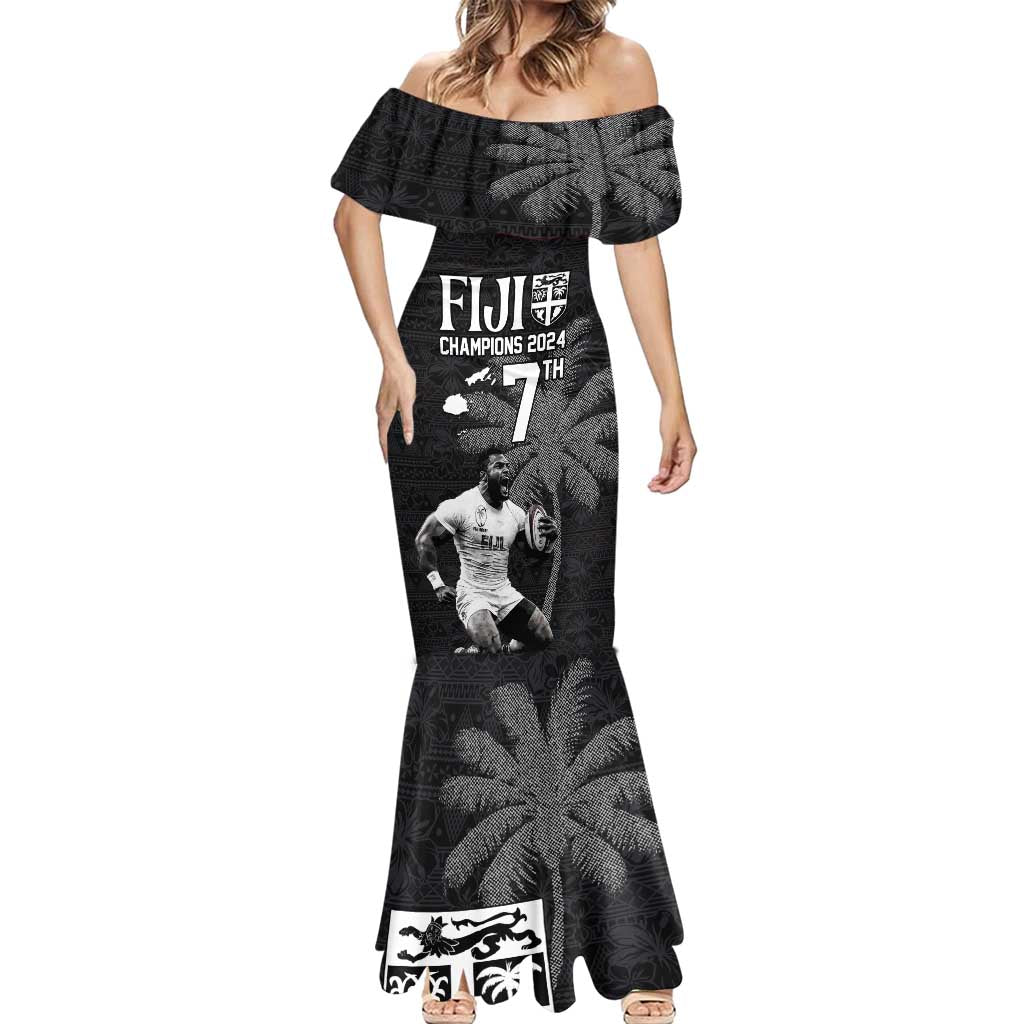 Custom Fiji Rugby Pacific Champions 2024 Mermaid Dress Anniversary 7 Titles - Fijians Rugby and Tapa Hibiscus Black Art LT03 - Polynesian Pride