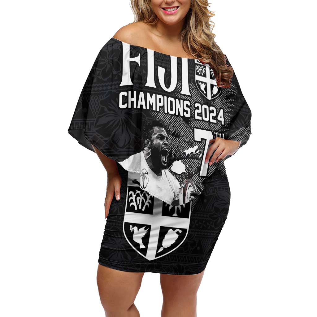 Custom Fiji Rugby Pacific Champions 2024 Off Shoulder Short Dress Anniversary 7 Titles - Fijians Rugby and Tapa Hibiscus Black Art LT03 Women Black - Polynesian Pride