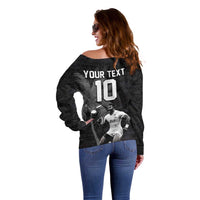Custom Fiji Rugby Pacific Champions 2024 Off Shoulder Sweater Anniversary 7 Titles - Fijians Rugby and Tapa Hibiscus Black Art LT03 - Polynesian Pride
