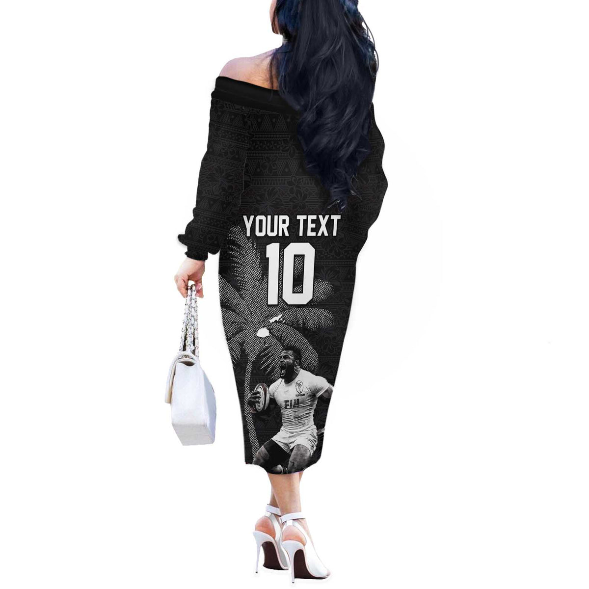 Custom Fiji Rugby Pacific Champions 2024 Off The Shoulder Long Sleeve Dress Anniversary 7 Titles - Fijians Rugby and Tapa Hibiscus Black Art LT03 - Polynesian Pride