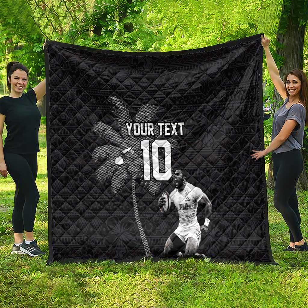Custom Fiji Rugby Pacific Champions 2024 Quilt Anniversary 7 Titles - Fijians Rugby and Tapa Hibiscus Black Art LT03 - Polynesian Pride
