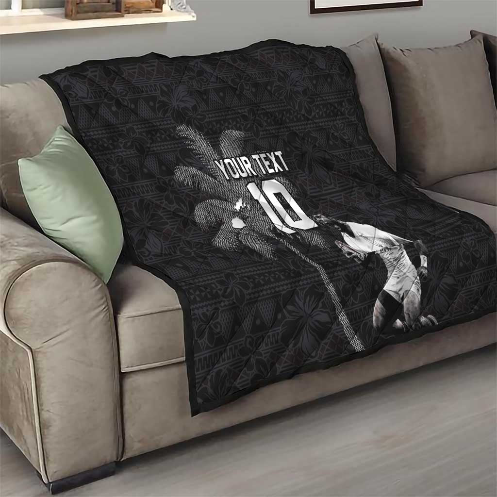 Custom Fiji Rugby Pacific Champions 2024 Quilt Anniversary 7 Titles - Fijians Rugby and Tapa Hibiscus Black Art LT03 - Polynesian Pride