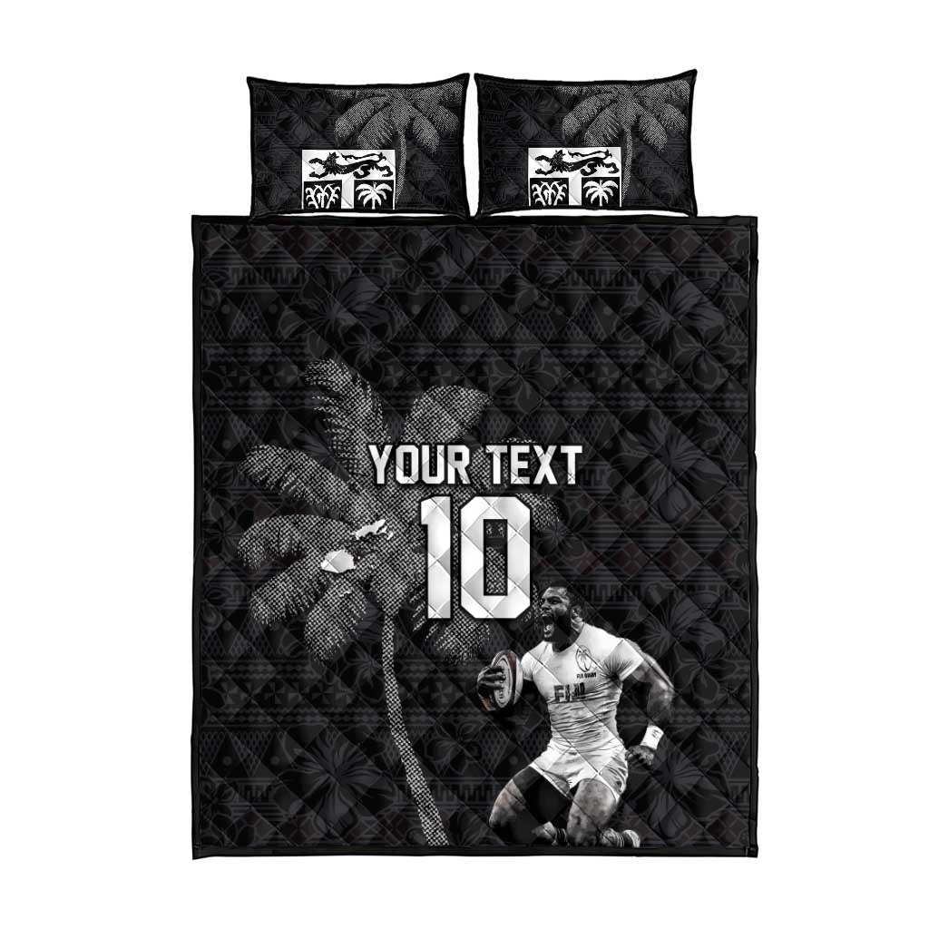Custom Fiji Rugby Pacific Champions 2024 Quilt Bed Set Anniversary 7 Titles - Fijians Rugby and Tapa Hibiscus Black Art LT03 - Polynesian Pride