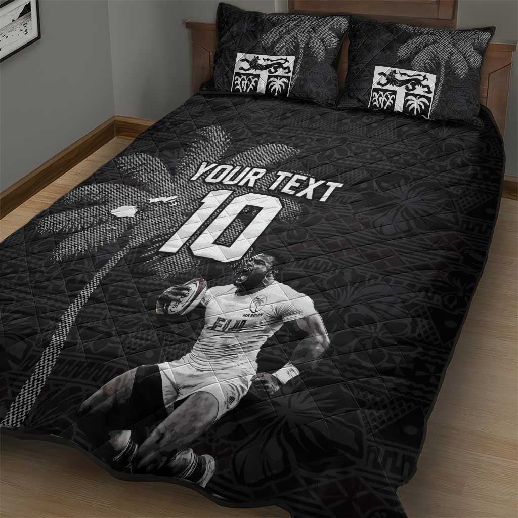 Custom Fiji Rugby Pacific Champions 2024 Quilt Bed Set Anniversary 7 Titles - Fijians Rugby and Tapa Hibiscus Black Art LT03 - Polynesian Pride
