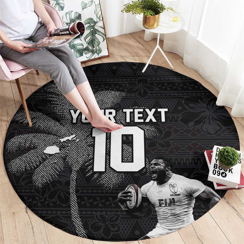 Custom Fiji Rugby Pacific Champions 2024 Round Carpet Anniversary 7 Titles - Fijians Rugby and Tapa Hibiscus Black Art LT03 - Polynesian Pride