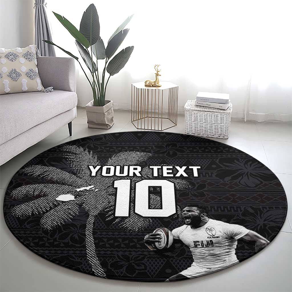 Custom Fiji Rugby Pacific Champions 2024 Round Carpet Anniversary 7 Titles - Fijians Rugby and Tapa Hibiscus Black Art LT03 - Polynesian Pride