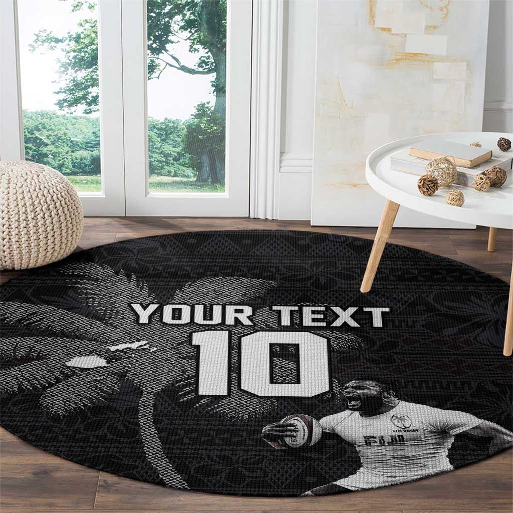 Custom Fiji Rugby Pacific Champions 2024 Round Carpet Anniversary 7 Titles - Fijians Rugby and Tapa Hibiscus Black Art LT03 - Polynesian Pride