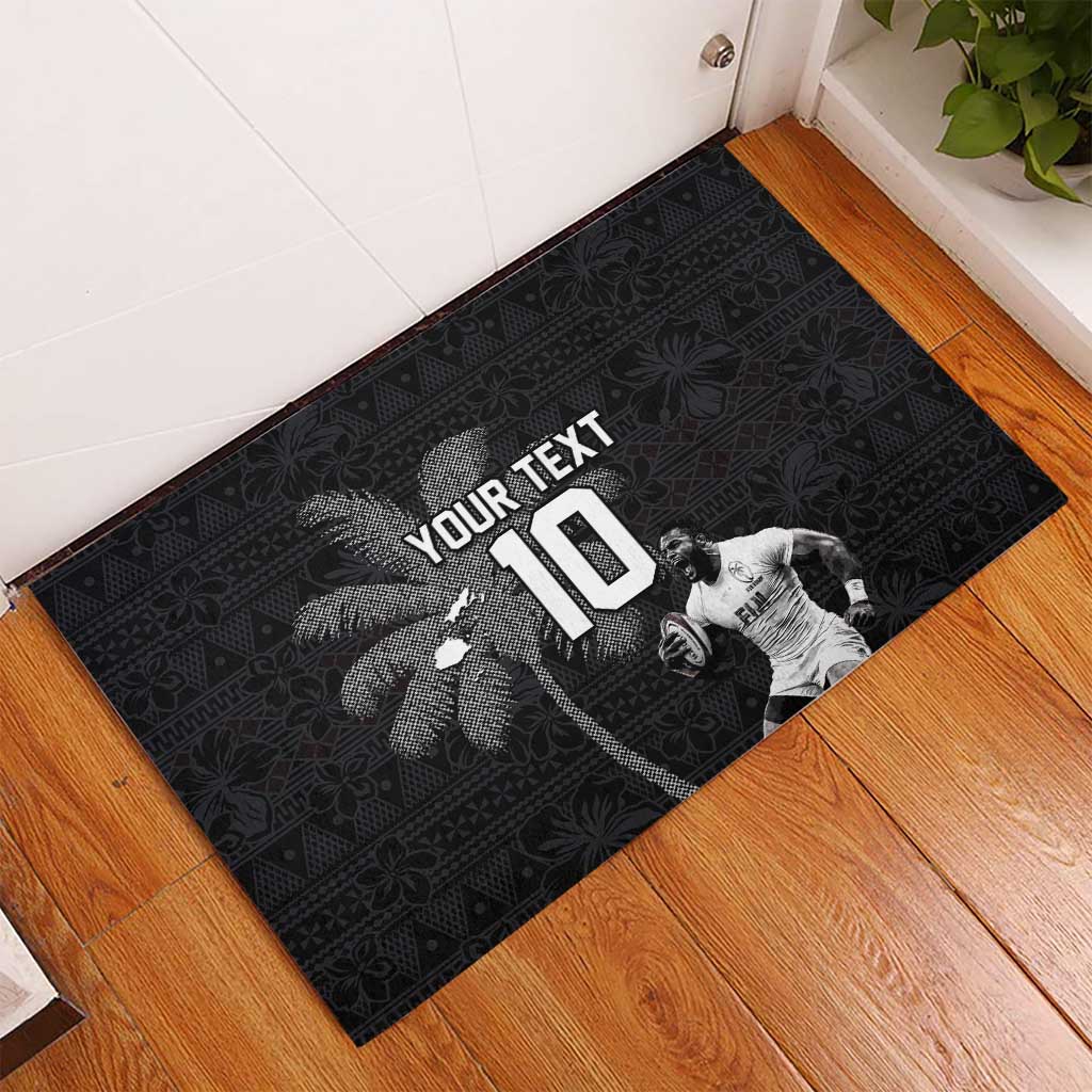 Custom Fiji Rugby Pacific Champions 2024 Rubber Doormat Anniversary 7 Titles - Fijians Rugby and Tapa Hibiscus Black Art LT03 - Polynesian Pride