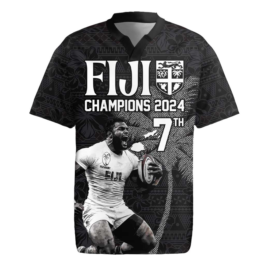 Custom Fiji Rugby Pacific Champions 2024 Rugby Jersey Anniversary 7 Titles - Fijians Rugby and Tapa Hibiscus Black Art LT03 Black - Polynesian Pride