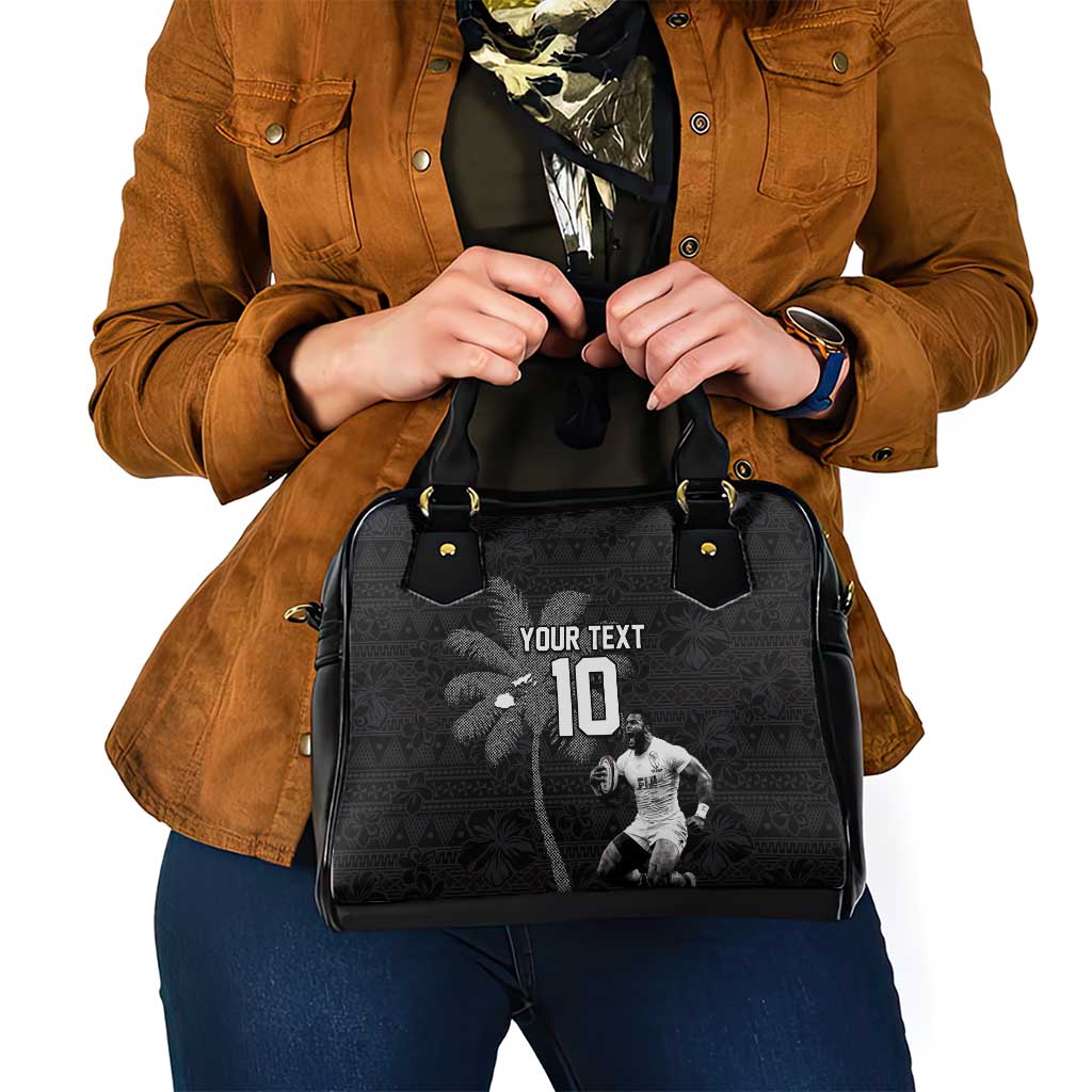 Custom Fiji Rugby Pacific Champions 2024 Shoulder Handbag Anniversary 7 Titles - Fijians Rugby and Tapa Hibiscus Black Art LT03 - Polynesian Pride