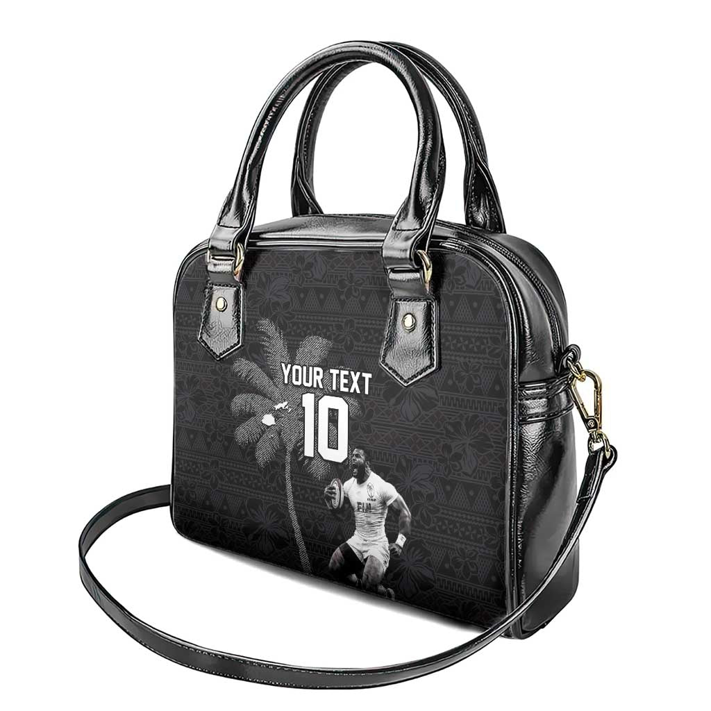 Custom Fiji Rugby Pacific Champions 2024 Shoulder Handbag Anniversary 7 Titles - Fijians Rugby and Tapa Hibiscus Black Art LT03 - Polynesian Pride