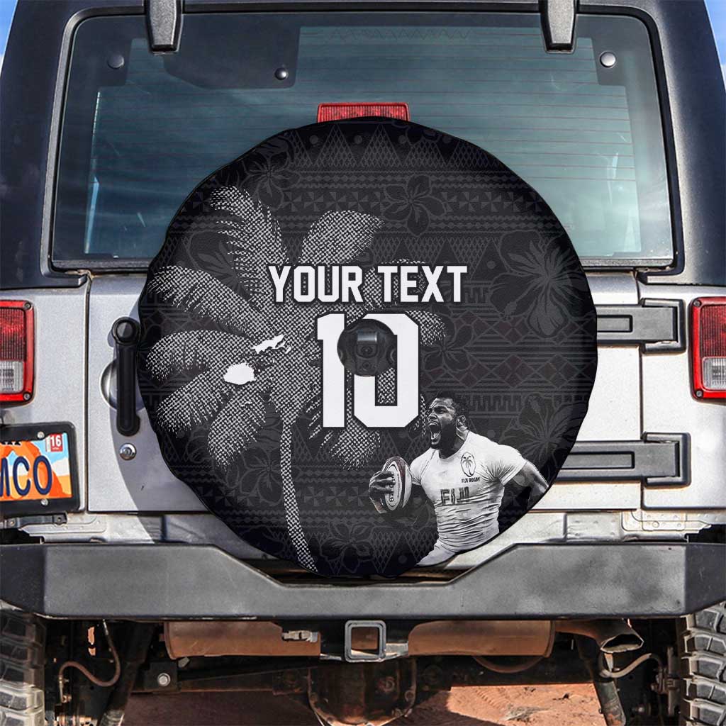 Custom Fiji Rugby Pacific Champions 2024 Spare Tire Cover Anniversary 7 Titles - Fijians Rugby and Tapa Hibiscus Black Art LT03 Black - Polynesian Pride