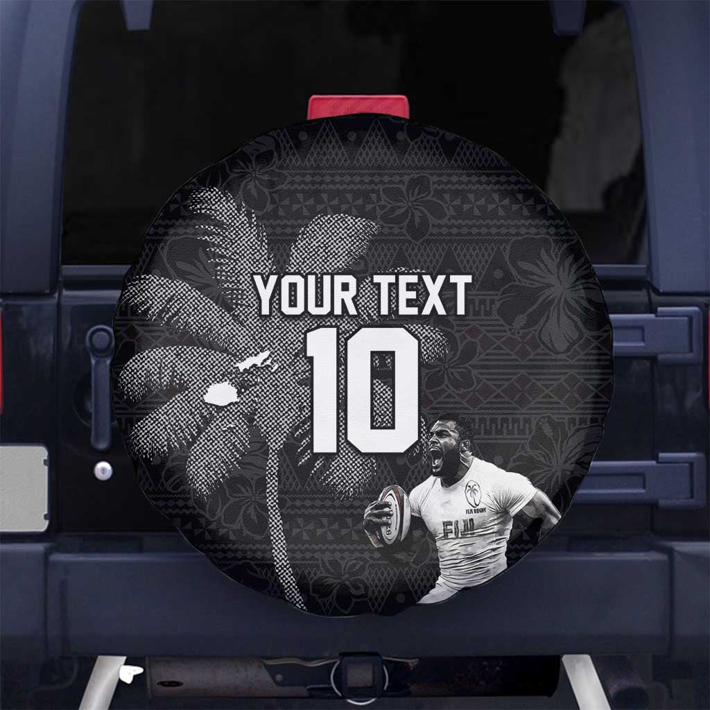 Custom Fiji Rugby Pacific Champions 2024 Spare Tire Cover Anniversary 7 Titles - Fijians Rugby and Tapa Hibiscus Black Art LT03 - Polynesian Pride