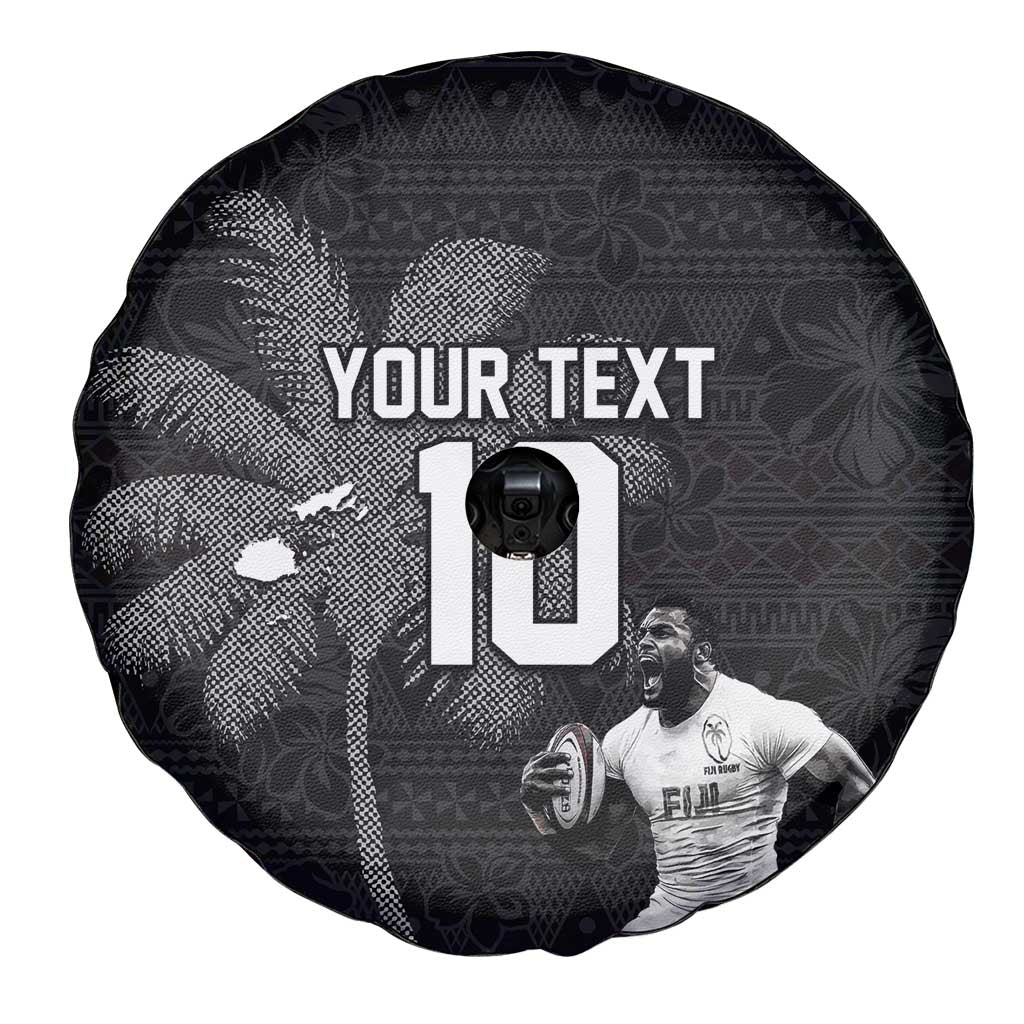 Custom Fiji Rugby Pacific Champions 2024 Spare Tire Cover Anniversary 7 Titles - Fijians Rugby and Tapa Hibiscus Black Art LT03 - Polynesian Pride