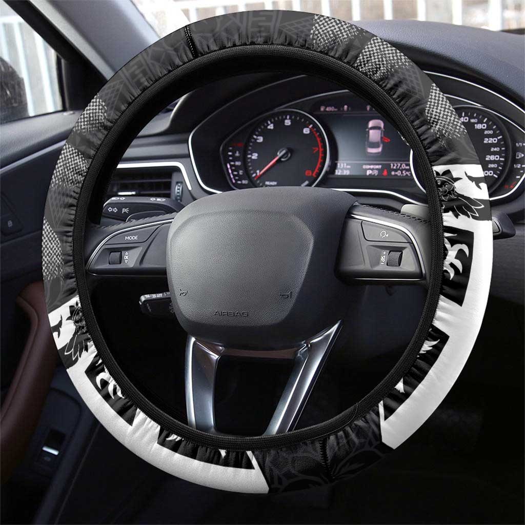 Fiji Rugby Pacific Champions 2024 Steering Wheel Cover Anniversary 7 Titles - Fijians Rugby and Tapa Hibiscus Black Art LT03 - Polynesian Pride