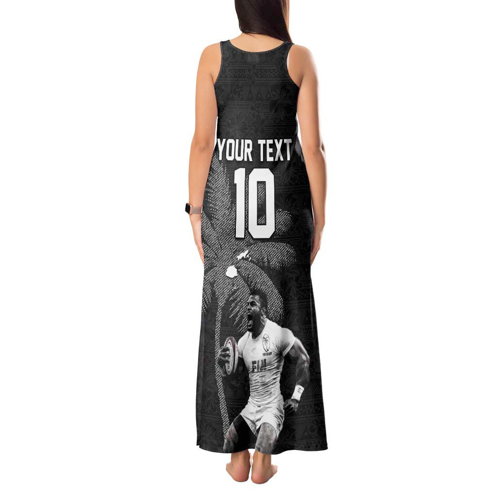 Custom Fiji Rugby Pacific Champions 2024 Tank Maxi Dress Anniversary 7 Titles - Fijians Rugby and Tapa Hibiscus Black Art LT03 - Polynesian Pride