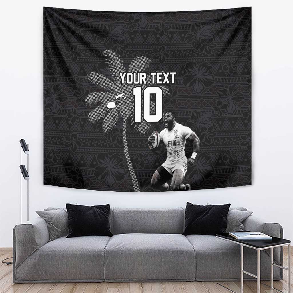 Custom Fiji Rugby Pacific Champions 2024 Tapestry Anniversary 7 Titles - Fijians Rugby and Tapa Hibiscus Black Art LT03 Black - Polynesian Pride