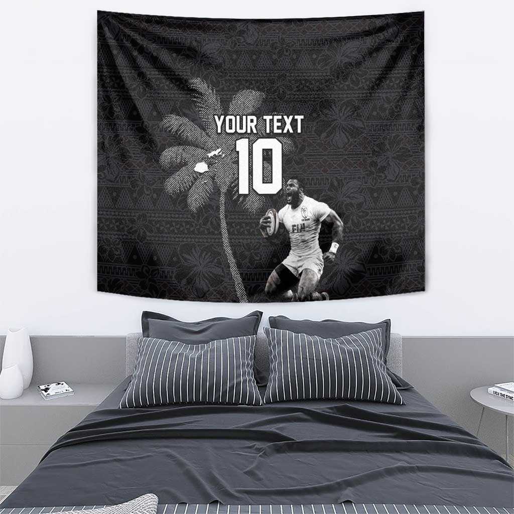 Custom Fiji Rugby Pacific Champions 2024 Tapestry Anniversary 7 Titles - Fijians Rugby and Tapa Hibiscus Black Art LT03 - Polynesian Pride