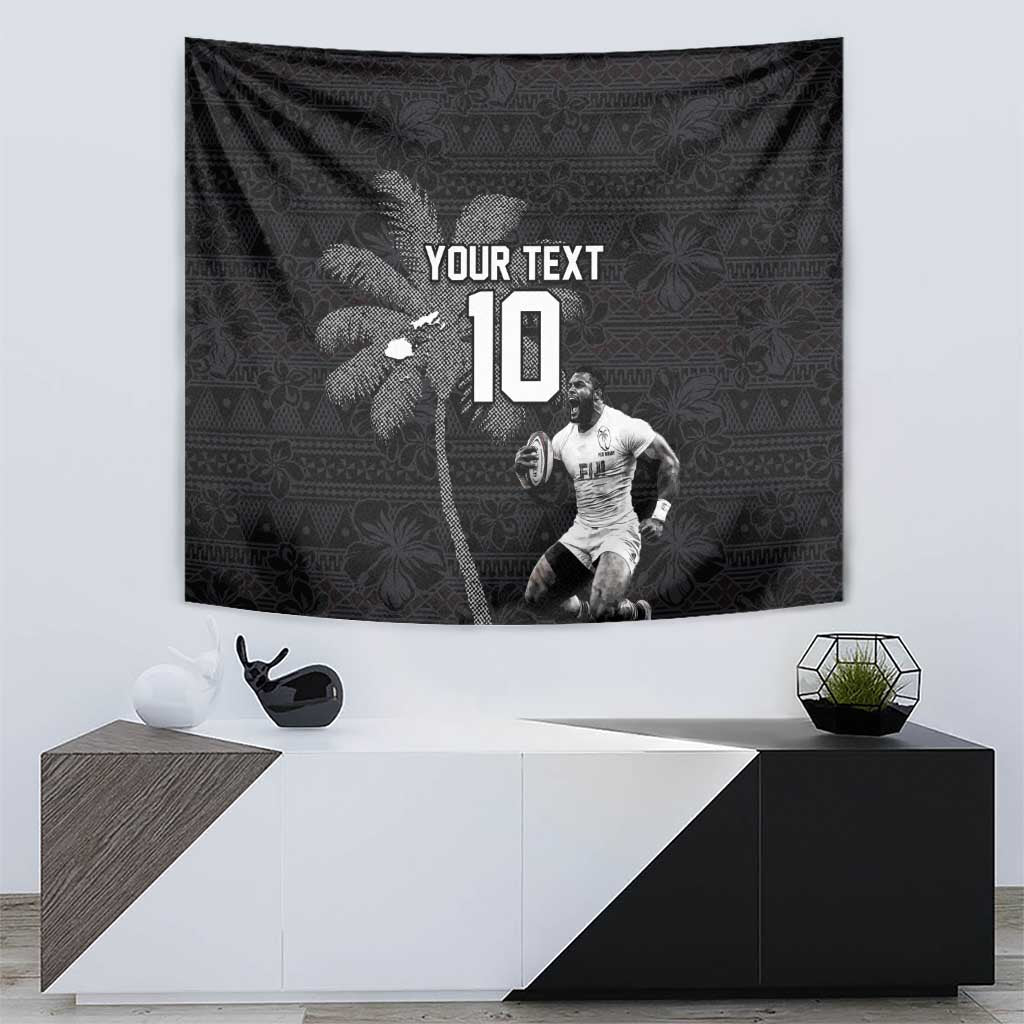 Custom Fiji Rugby Pacific Champions 2024 Tapestry Anniversary 7 Titles - Fijians Rugby and Tapa Hibiscus Black Art LT03 - Polynesian Pride