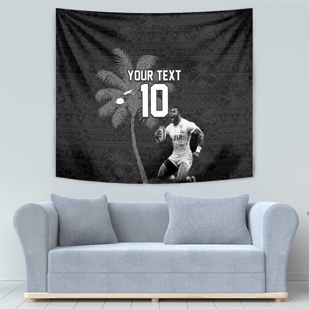 Custom Fiji Rugby Pacific Champions 2024 Tapestry Anniversary 7 Titles - Fijians Rugby and Tapa Hibiscus Black Art LT03 - Polynesian Pride