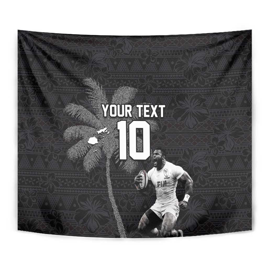 Custom Fiji Rugby Pacific Champions 2024 Tapestry Anniversary 7 Titles - Fijians Rugby and Tapa Hibiscus Black Art LT03 - Polynesian Pride