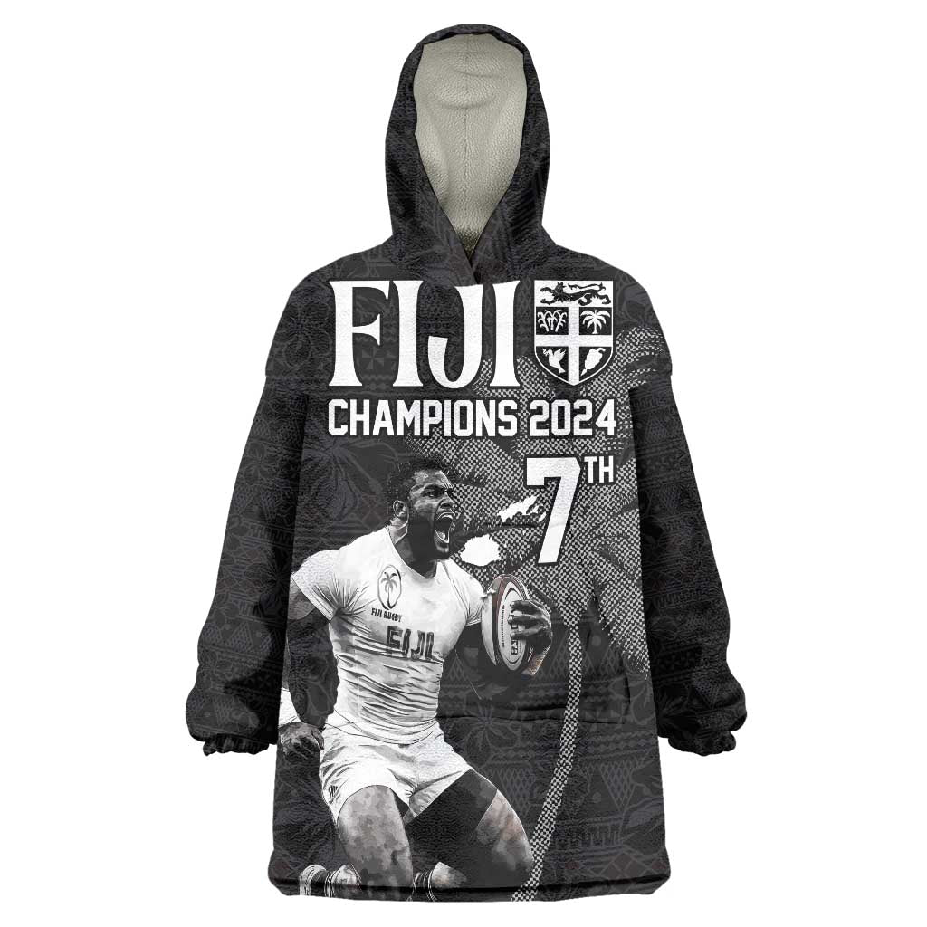 Custom Fiji Rugby Pacific Champions 2024 Wearable Blanket Hoodie Anniversary 7 Titles - Fijians Rugby and Tapa Hibiscus Black Art LT03 One Size Black - Polynesian Pride