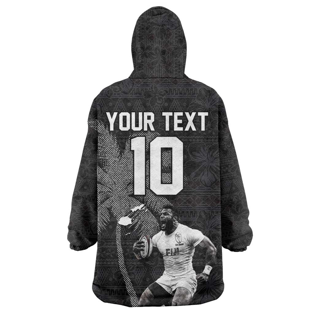 Custom Fiji Rugby Pacific Champions 2024 Wearable Blanket Hoodie Anniversary 7 Titles - Fijians Rugby and Tapa Hibiscus Black Art LT03 - Polynesian Pride