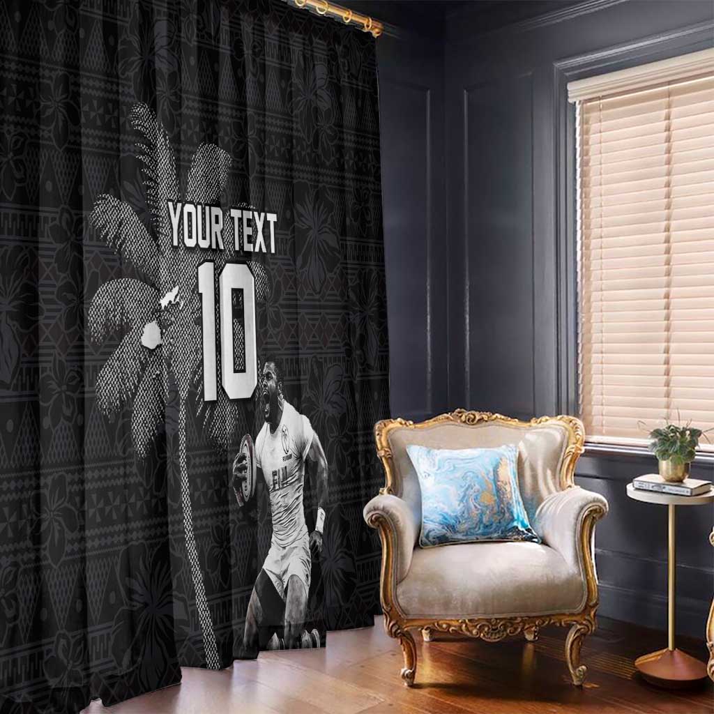 Custom Fiji Rugby Pacific Champions 2024 Window Curtain Anniversary 7 Titles - Fijians Rugby and Tapa Hibiscus Black Art LT03 - Polynesian Pride