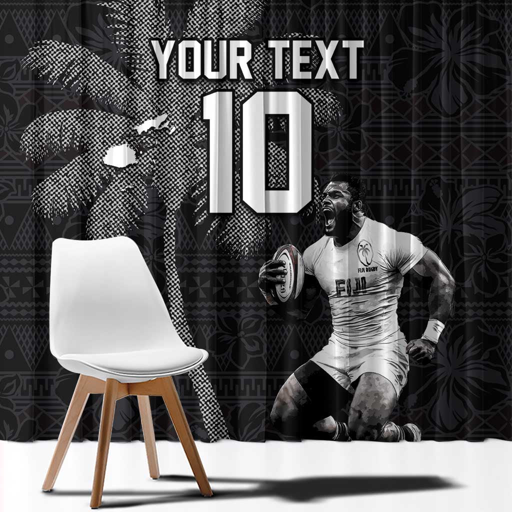 Custom Fiji Rugby Pacific Champions 2024 Window Curtain Anniversary 7 Titles - Fijians Rugby and Tapa Hibiscus Black Art LT03 - Polynesian Pride