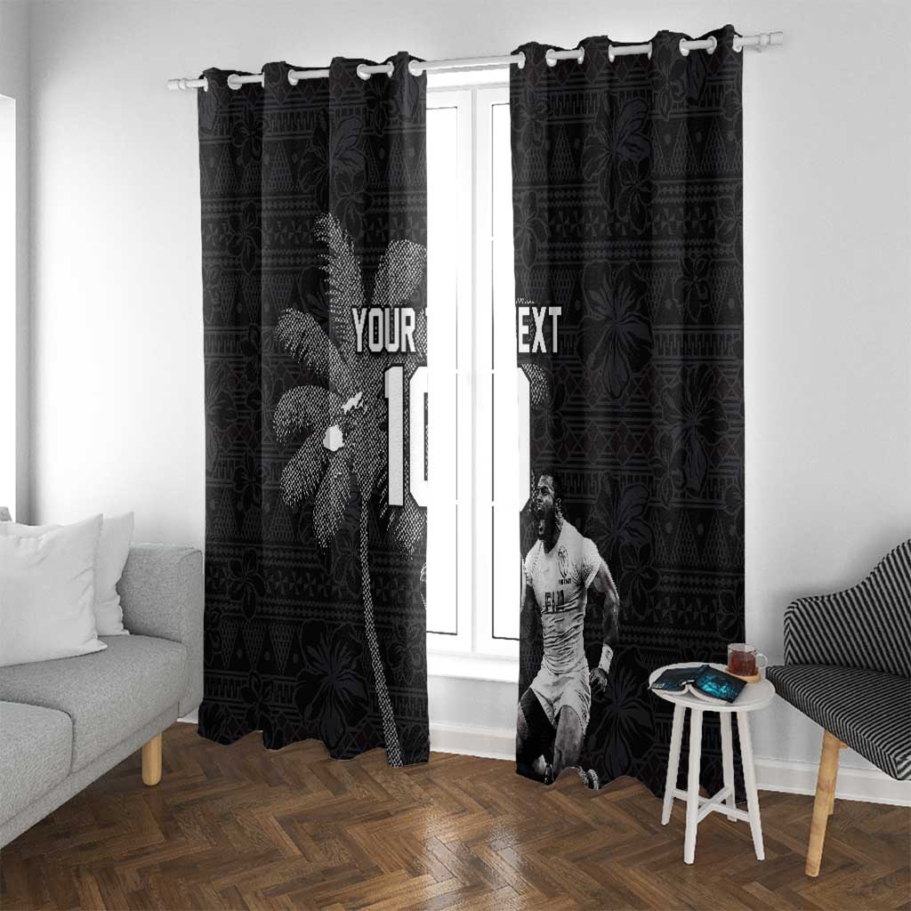 Custom Fiji Rugby Pacific Champions 2024 Window Curtain Anniversary 7 Titles - Fijians Rugby and Tapa Hibiscus Black Art LT03 With Grommets Black - Polynesian Pride