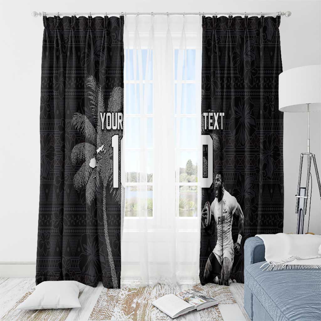 Custom Fiji Rugby Pacific Champions 2024 Window Curtain Anniversary 7 Titles - Fijians Rugby and Tapa Hibiscus Black Art LT03 - Polynesian Pride