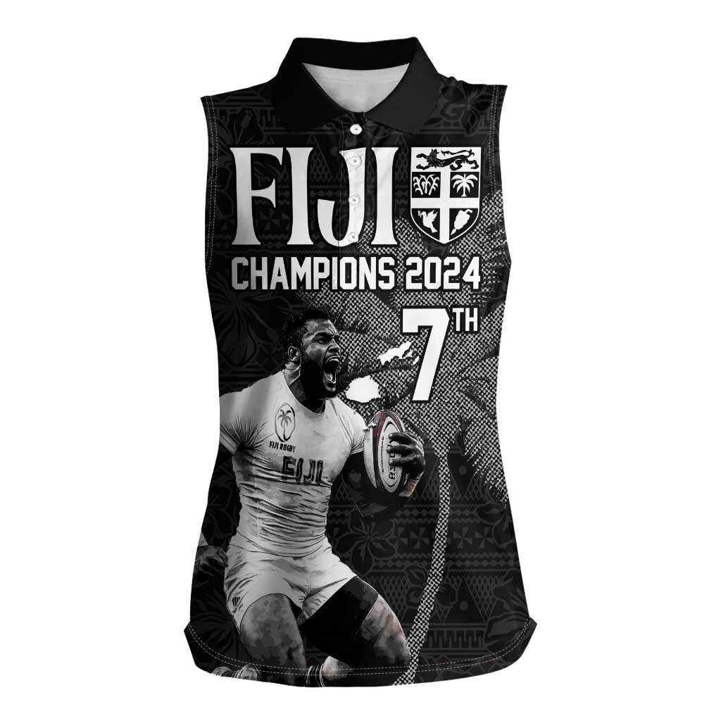 Custom Fiji Rugby Pacific Champions 2024 Women Sleeveless Polo Shirt Anniversary 7 Titles - Fijians Rugby and Tapa Hibiscus Black Art LT03 Female Black - Polynesian Pride